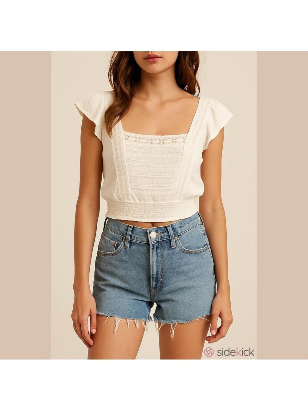 Arizona Jean Company Top, S-M, White, elastic bk, lacy front, elastic waist